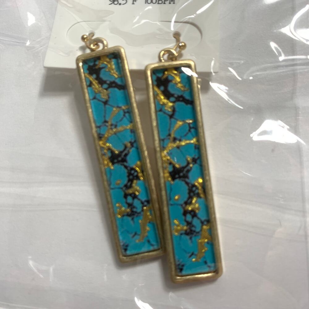 Gold and Turquoise Hook Bar Drop Earrings E7 - Picture 5 of 6